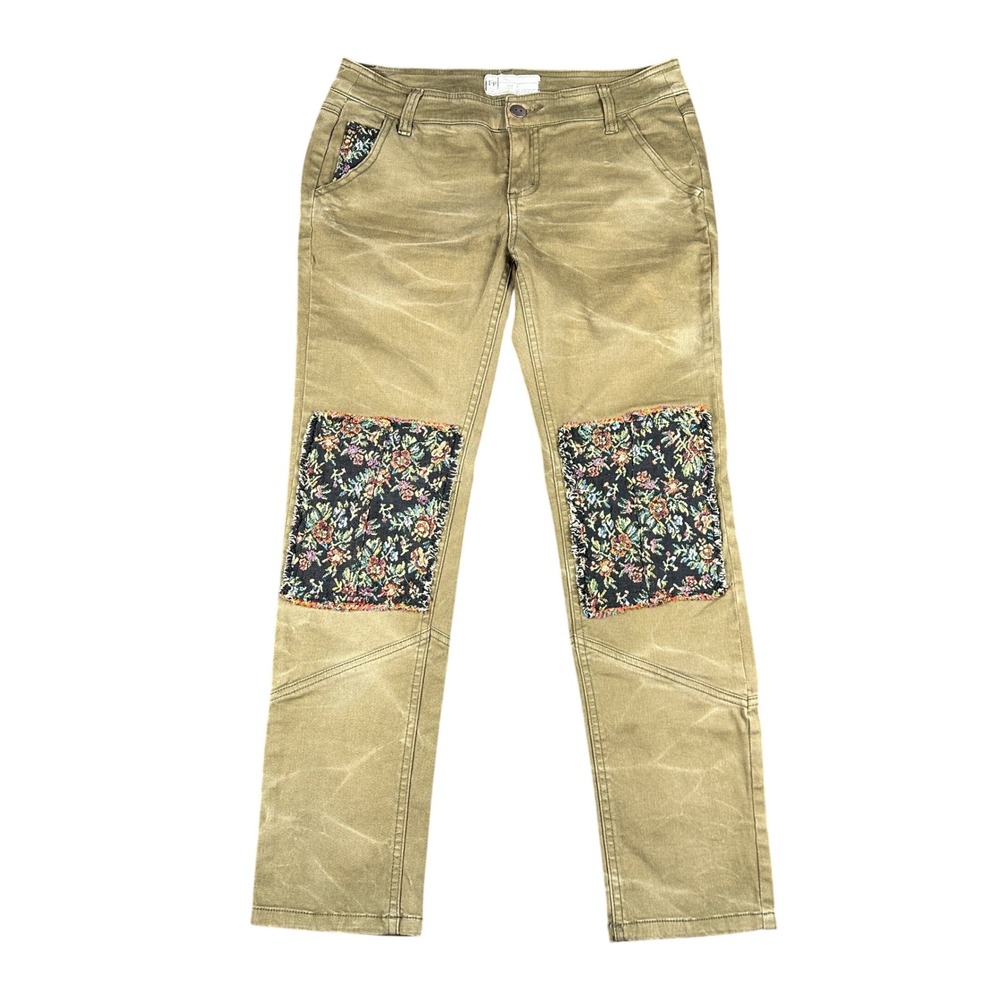 Free People Olive Green Floral Patchwork Skinny Pants Earthy Boho Size 2